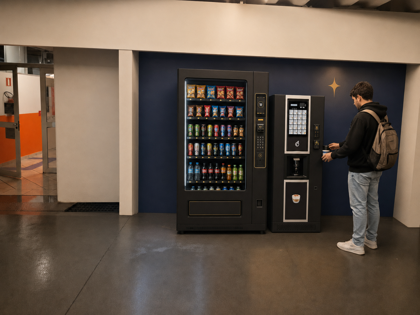 Jovem utilizando estação de café e snacks